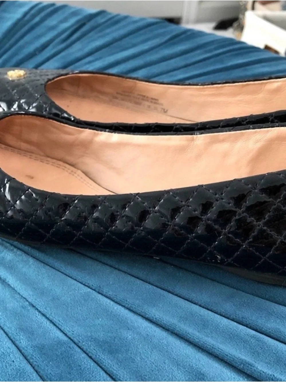 Tory Burch Black Quilted Patent Ballet Flats with Gold Logo
